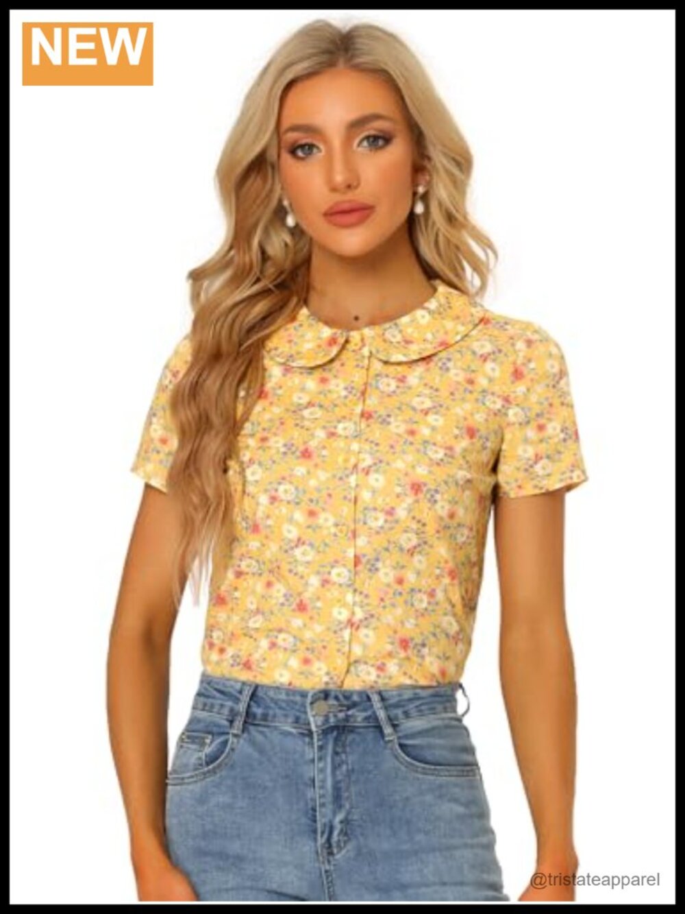 Vintage Floral Cotton Peter Pan Collar Button Down Blouse Short Sleeve